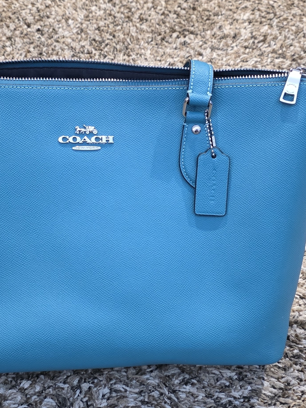 Coach Bright Teal Leather Tote with Tag and Silver Hardware